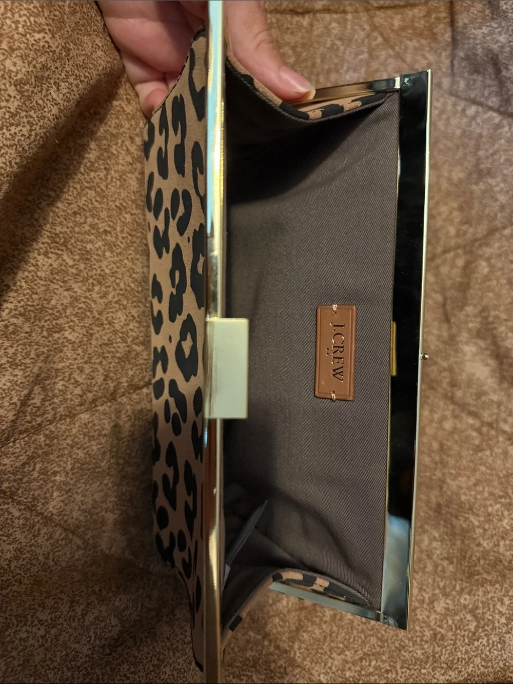 J. Crew Leopard Print Clutch in Tan and Black with Gold Trim